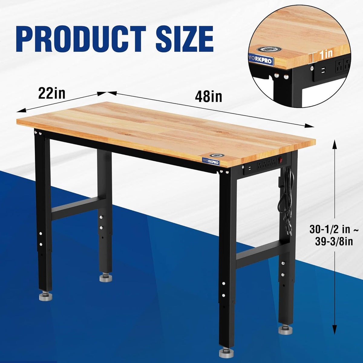 WORKPRO Adjustable Garage Workbench, 48"x22" Rubber Wood Top Heavy-Duty Work Desk with Power Outlets, Leveling Foot, 5 Heights, 1500 LBS Load Capacity Work Benches for Garage, Workshop