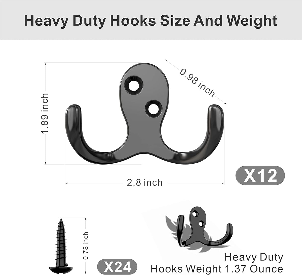 12 Heavy Duty Double Prong Coat Hooks | Wall Hooks with 24 Screws for Kitchen, Grocery Room, Bedroom