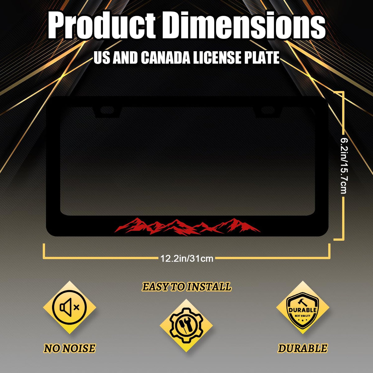 Mountain License Plate Frame Colorful Mountains License Plate Stainless Steel Funny Black Accessories Cars Decor 12.2 X 6.2 Inch with 2 Holes and Screws Fits Standard Us Ca Vehicles