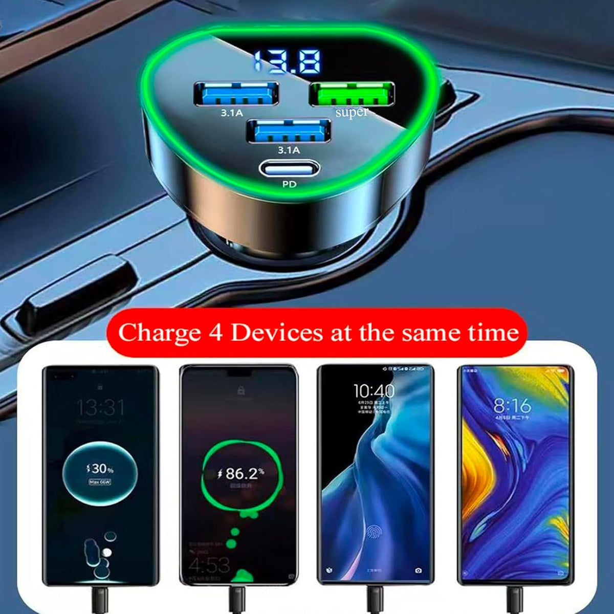Multi Port USB C Car Phone Charger Adapter 4 in 1 with Voltage Display Super Fast Cigarette Lighter USB Charge with Volt Meter for iPhone 16/15/14/13/12 Galaxy Android Phones