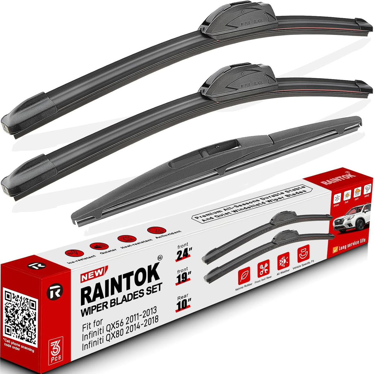 Windshield Wiper Blade Set Replacement for 2011-2013 Infiniti QX56/2014-2018 Infiniti QX80 and Rear Windshield Wiper Blade-24"/19"/10" (Set of 3) U/J HOOK