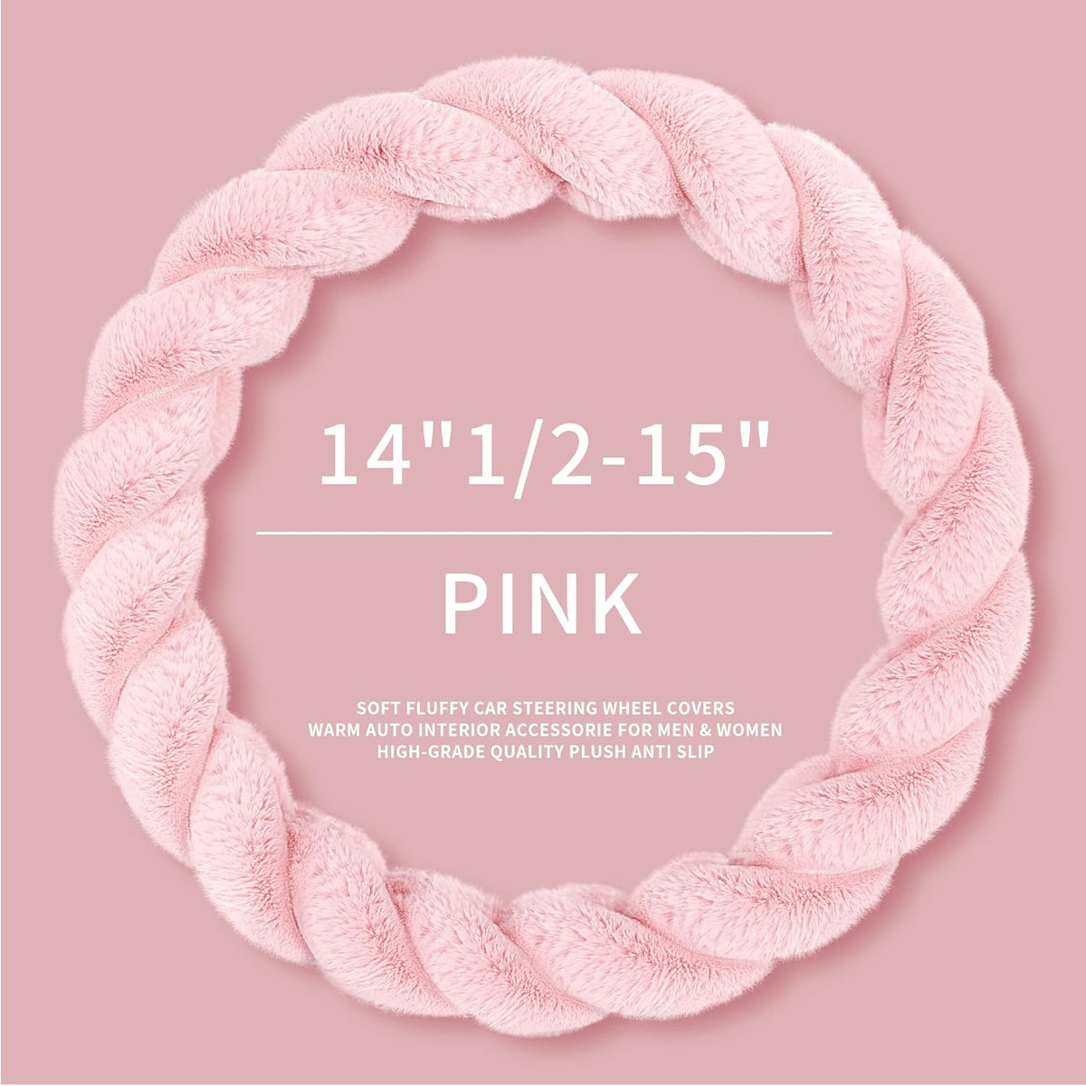 Luxury Fluffy Winter Car Steering Wheel Cover for Women Soft Warm Plush Cute Auto Accessories for Vehicle, Sedan, Universal, Fuzzy, Anti Slip, Pink, Standard Size, 14.75-15.15"
