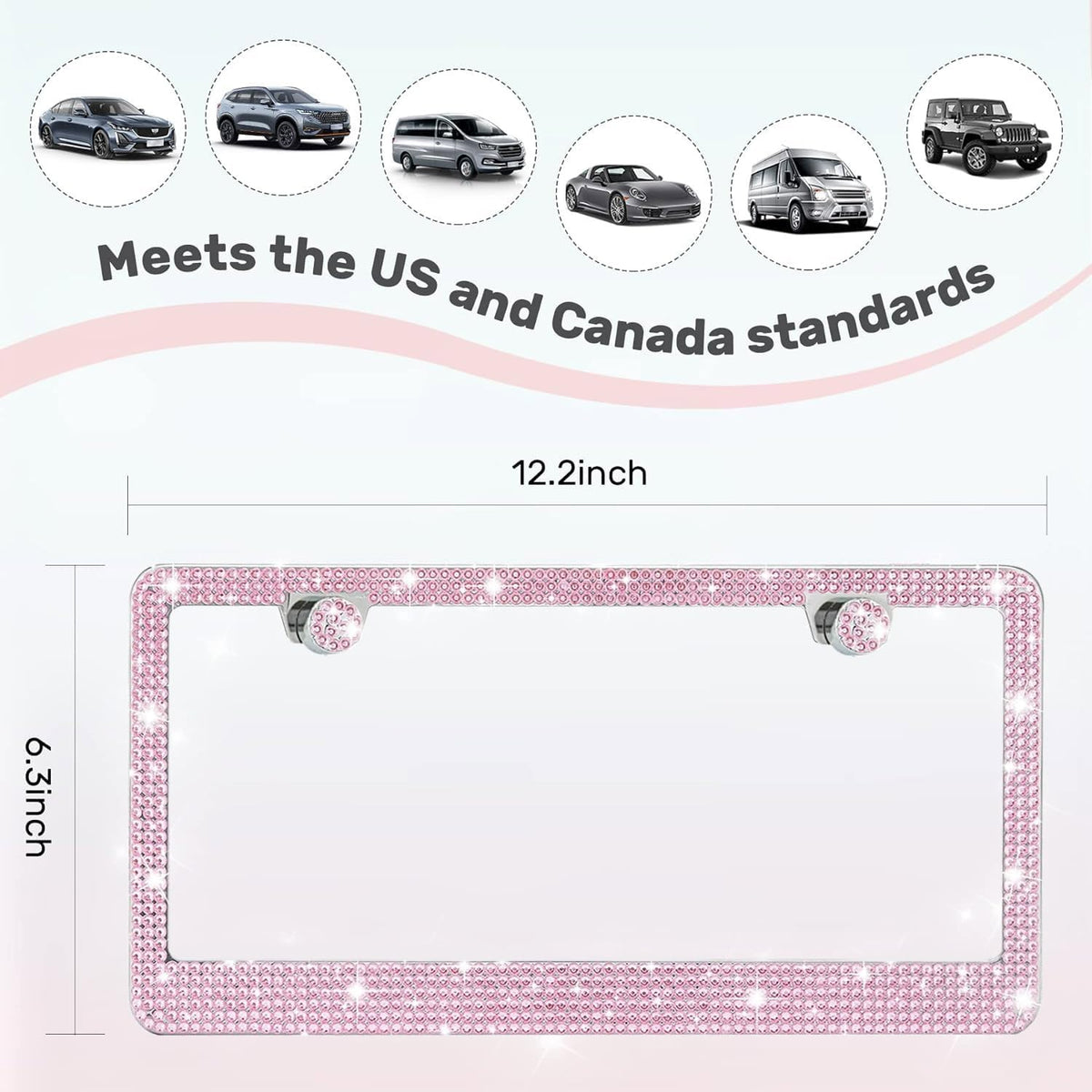 2 Pack License Plate Frames for Women, Sparkly Rhinestone Diamond Car Accessories with Glitter Crystal Caps (Pink (2PCS))