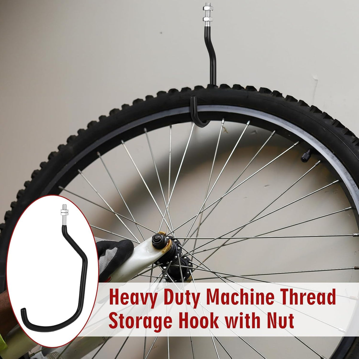 Shimeyao 4 Pcs Machine Thread Bicycle Storage Hook with Nut Heavy Duty Bike Hooks M10 x 1.5 Machine Threading Hook Rubber Coated Bicycle Hanger for Hanging Large Mountain Bike Tire (4.92 Inch,Black)