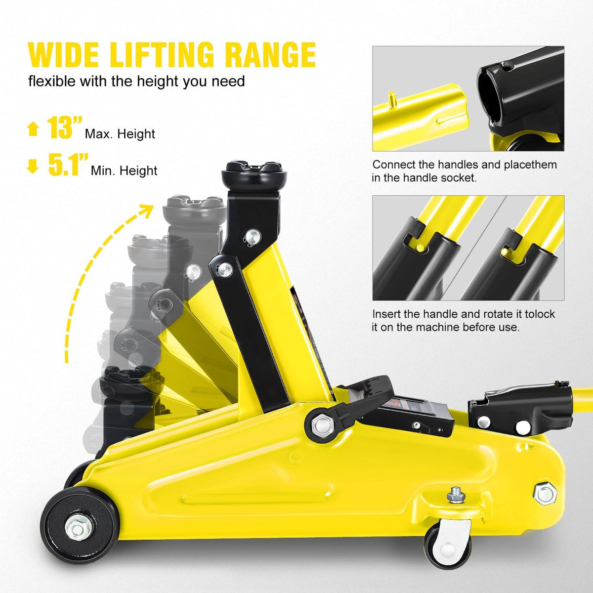 DNA MOTORING Low Profile Hydraulic Trolley Service/Floor Jack, 2 Ton (4000 lbs) Capacity, Lifting Range 5.1"-13", Yellow, TOOLS-00474-YL