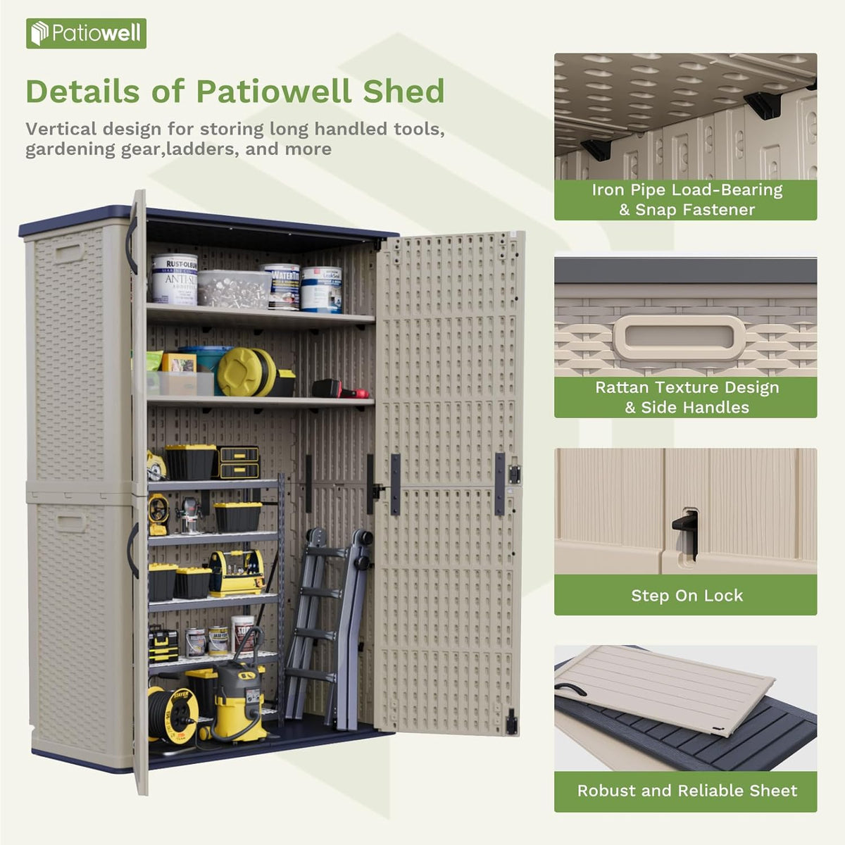 Patiowell 50 cu.ft Plastic Outdoor Storage Shed, Lockable Waterproof Resin Storage Cabinet Vertical Storage Shed for Garden Tools, Garbage Cans, Pool Supplies, Beige(Not Include Shelves)