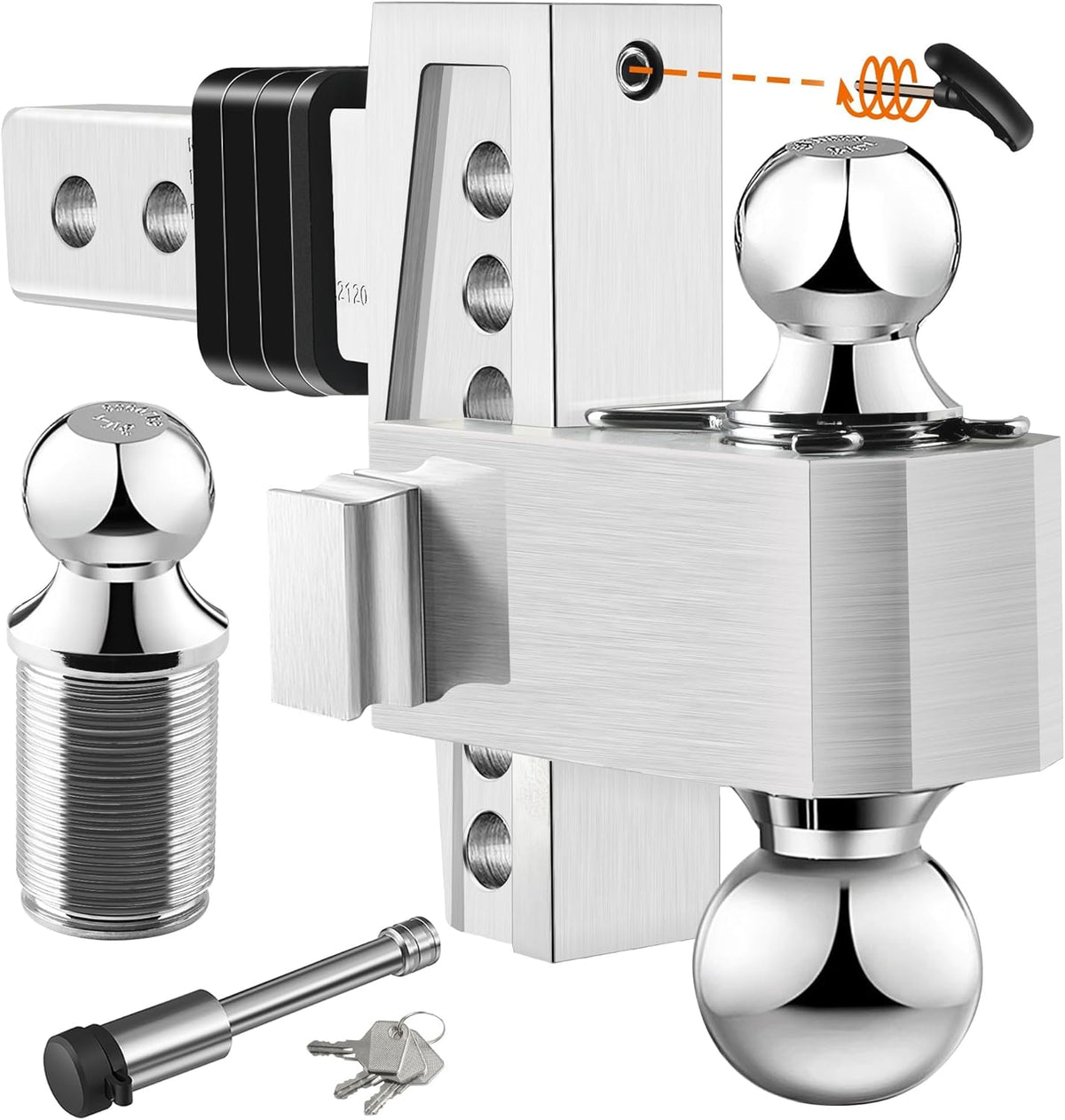Adjustable Trailer Hitch (Fits 2-Inch Receiver) - Aluminum Tow Hitch with 6-Inch Drop/Rise for Truck (12,500 LBS GTW) - Double Anti-Theft Locking Hitch Pins (Silver, 2.0inch-6Drop-Tri Ball)