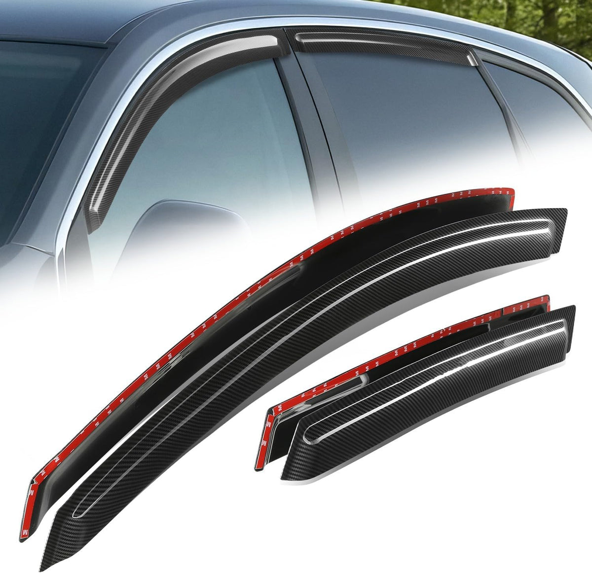 Auto Dynasty 4Pcs Carbon Fiber Pattern Window Visors Compatible with 2008 2009 2010 Saturn Vue, Tape-On Front & Rear Window Deflectors Rain Guards Sun Wind Air Side Vent Shade, Glossy Black