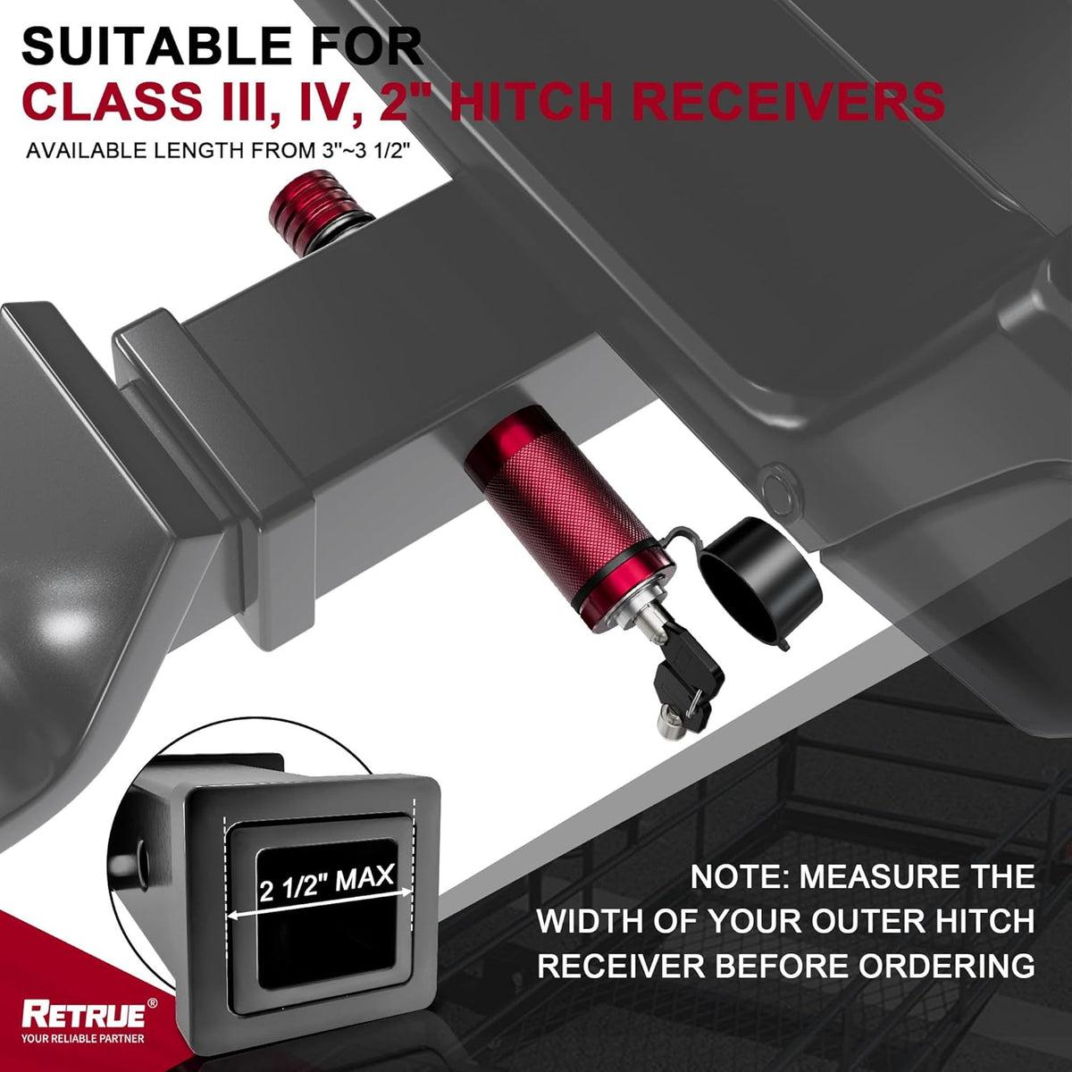 RETRUE Trailer Hitch Locks, 5/8" Locking Hitch Pin for 2 Inch and 2 1/2” Receiver Class III IV Hitch, Tow Hitch Lock with Keys O-Rings, Trailer Accessories for Outdoor,Red