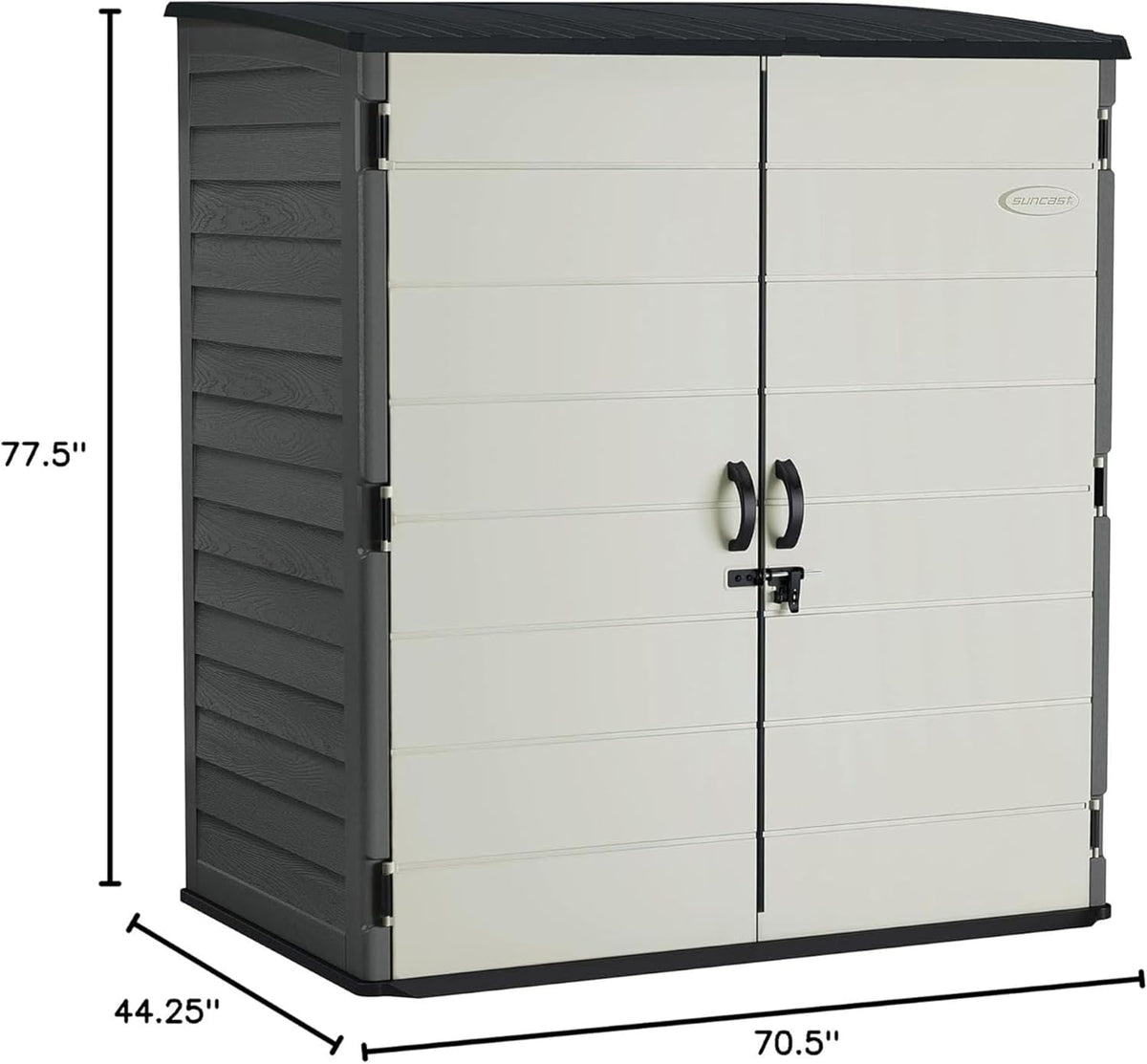Suncast Extra-Large Vertical Storage Shed for Yard Storage, All-Weather Outdoor Storage Shed with 2 Lockable Doors, 70.5" W x 44.25" D x 77.5" H, Peppercorn, Made in The USA