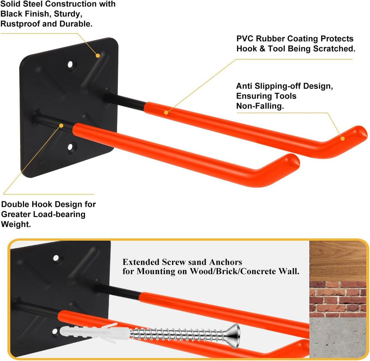 Steel Garage Storage Hooks Wall Tool Organizer, 14 Inch Garage Hook Heavy Duty Utility Storage Hangers Orange for Ladders, Chairs, Garden Tools, Set of 4