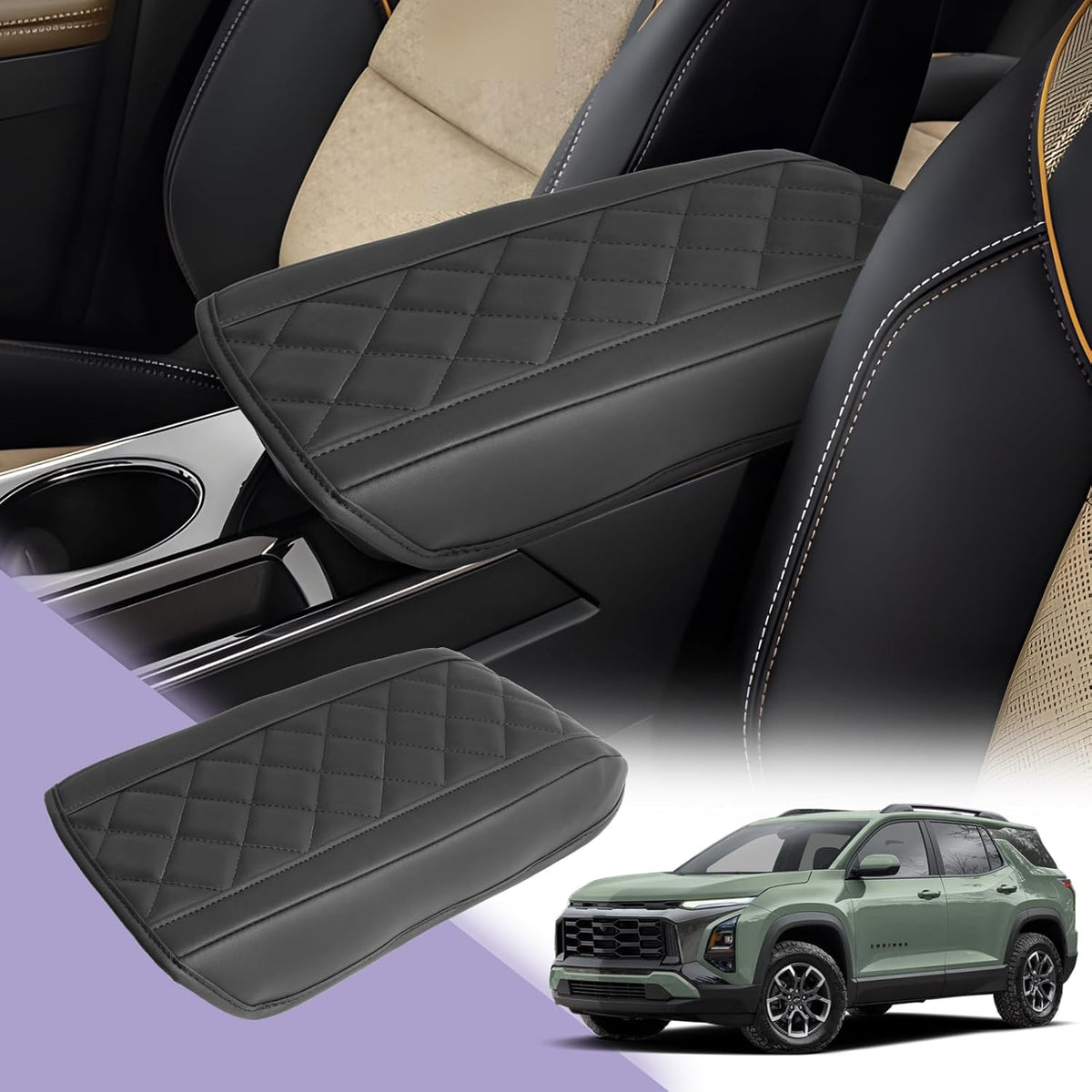 LUWU Center Console Cover Compatible with 2025 Chevrolet Equinox Accessories 2025 Equinox Armrest Cover Center Console Pad 2025 Equinox LT, ACTIV, RS Armrest Console Cover Soft Leather (Black A)