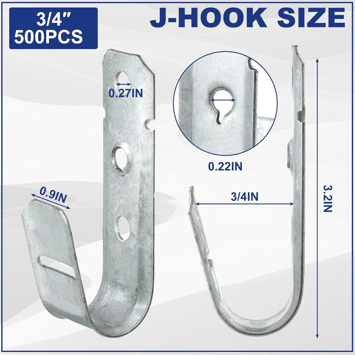 Gisafai 500 Pcs Cable Support J-Hook, 3/4 Inch Metal Garage Hooks for Hanging, Heavy Duty Network for Cable and Wire Management Wall Attaching J Utility, G60 Galvanized Steel, Silver