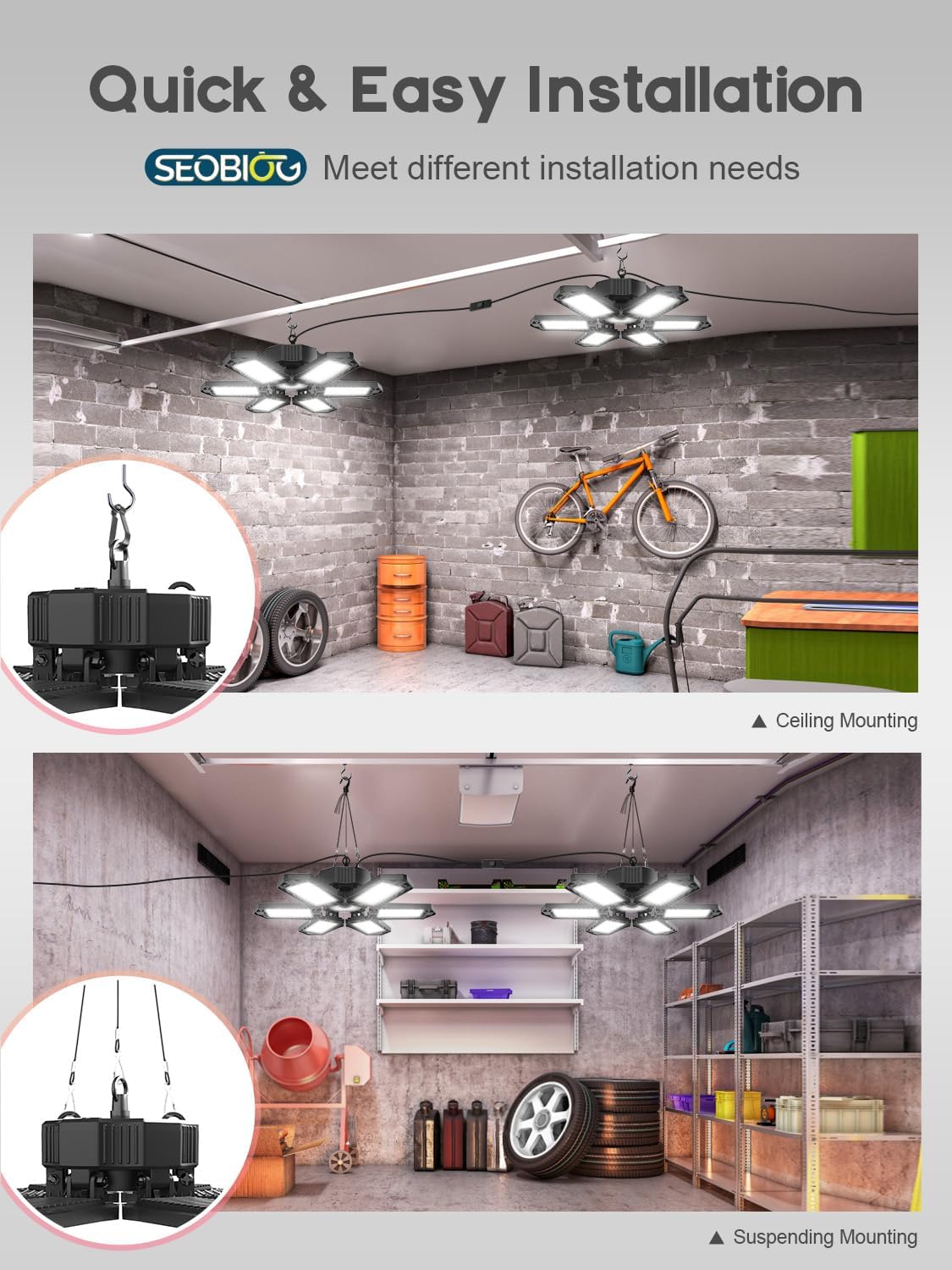 SEOBIOG 2 Pack Plug in Garage Light, Upgraded 200W 20000LM Linkable LED Shop Light, 6500K Ceiling Lights w/ 6 Deformable Panels for Garage, Warehouse, Barn, Basement (Built-in ON/Off Switch)