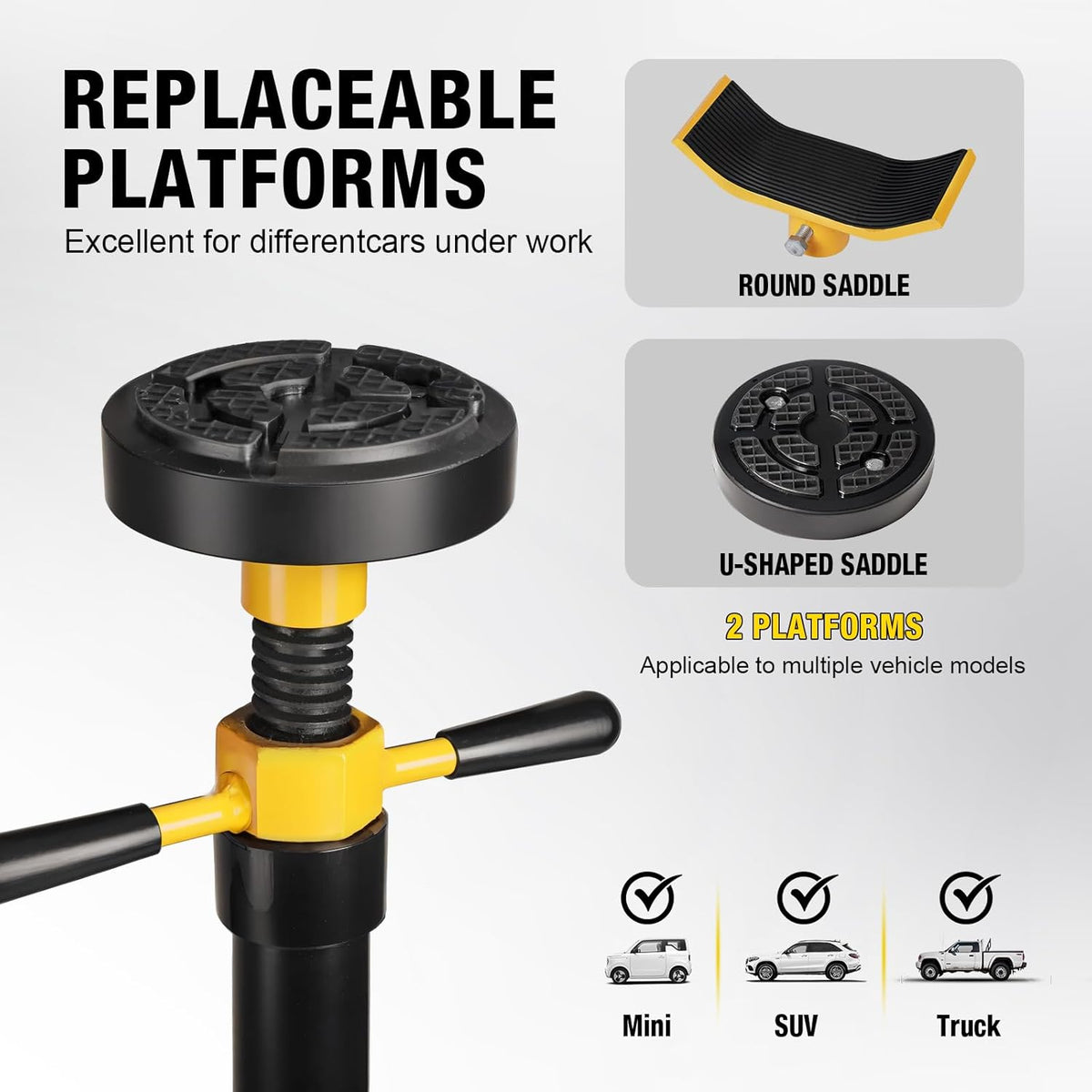 YELLOW JACKET 3/4 Ton Underhoist Support Stand with Two Wheels, Lifting from 43.3" to 70.9", Bearing Mounted Spin Handle, Contoured Saddle, Supports Vehicle Components, Self-Locking Screw