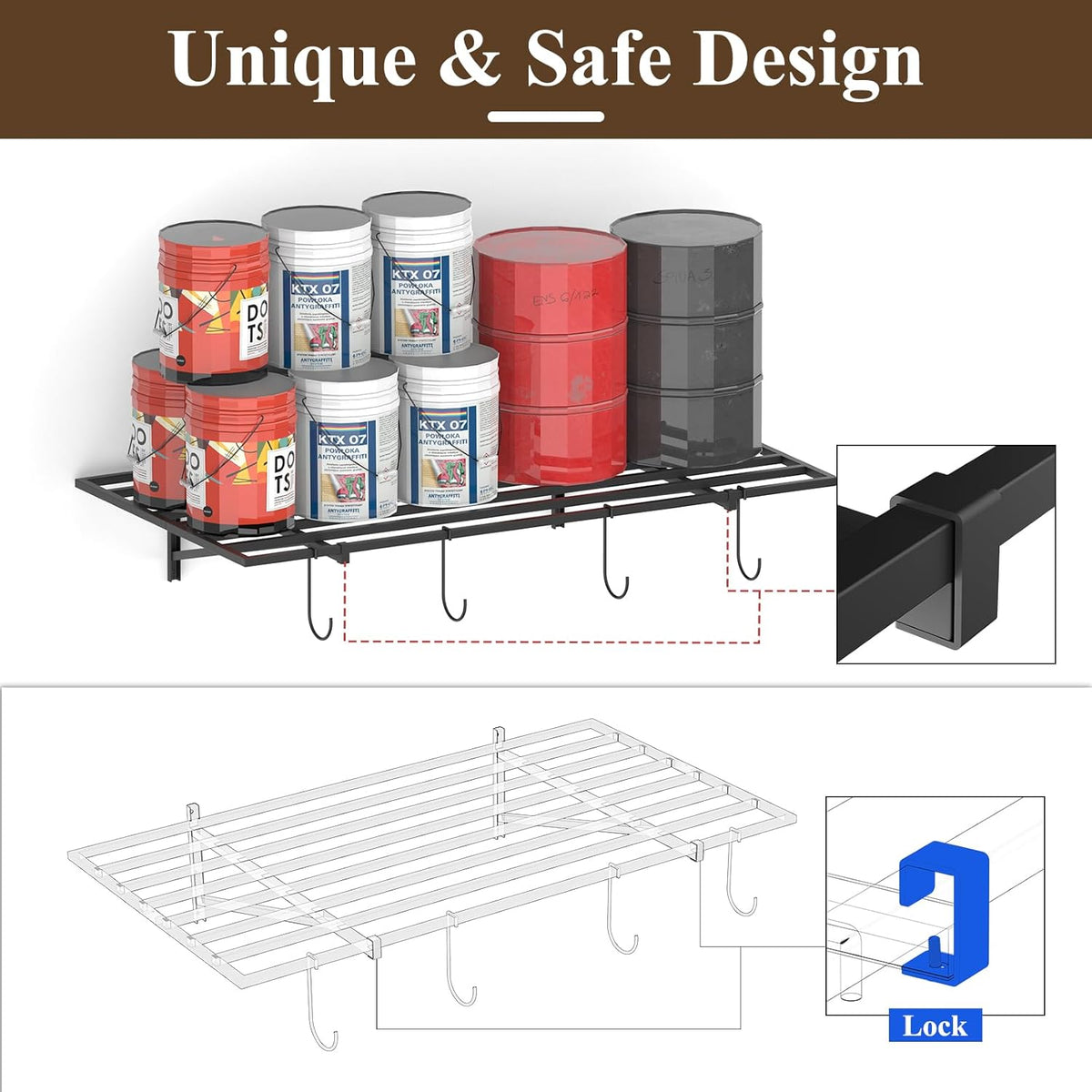 PEKGRIL Garage Wall Shelving Set of 2, 2X4 ft, Black, Contemporary Style, Heavy Duty, 2 Shelves, 8 Hooks, 260 lbs Capacity Each, Wall-Mounted, Metal, Alloy Steel, 2 Count