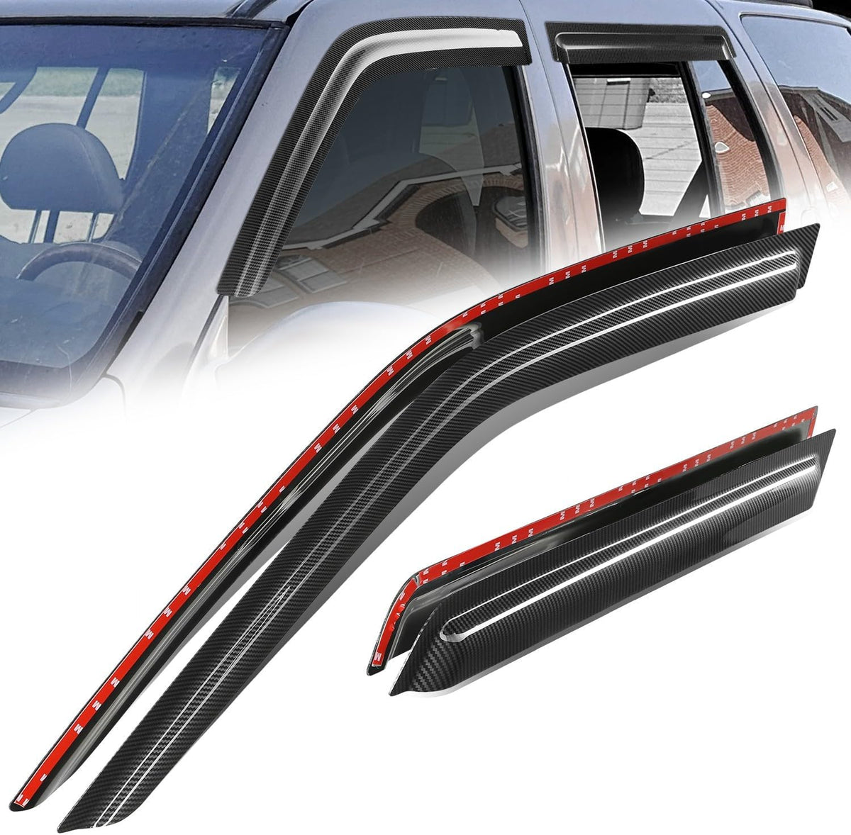 Auto Dynasty 4Pcs Carbon Fiber Pattern Window Visors Compatible with 1996-2004 Nissan Pathfinder Infiniti QX4, Tape-On Front & Rear Window Deflectors Rain Guards Sun Air Side Vent Shade, Glossy Black