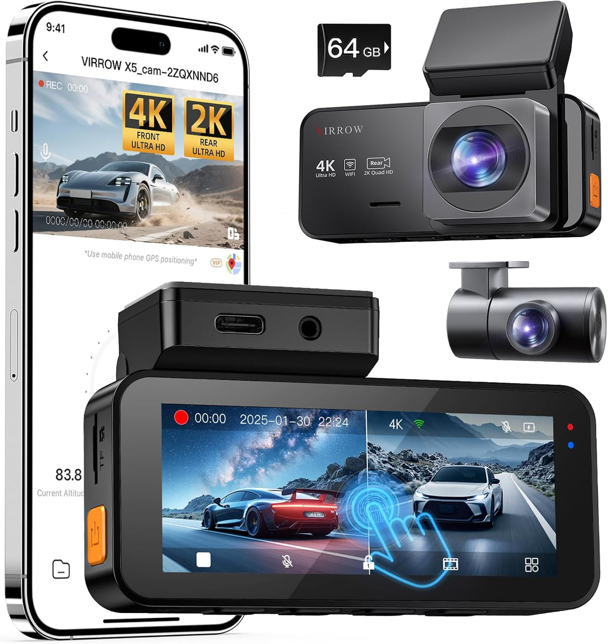 Dash Cam Front and Rear: 4K+2K Dash Camera for Cars - Dashcam Built-in WiFi APP Control 64GB Included 3.39" Touchscreen 24H Parking Monitor WDR Night Vision Loop Recording Collision Detection(X5)