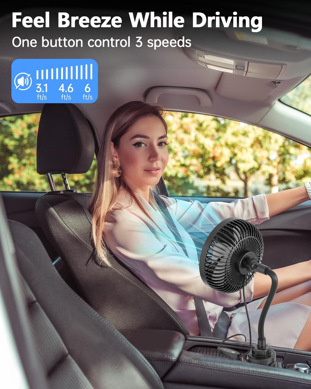 12V Car fan, 3-Speed Portable Vehicle Fan for Front Seat, Cigarette Lighter Powered with Car Charger, Mounted in Cup Holder, 360° Rotation, Car Necessities for Dog/SUV/RV/Truck/Van