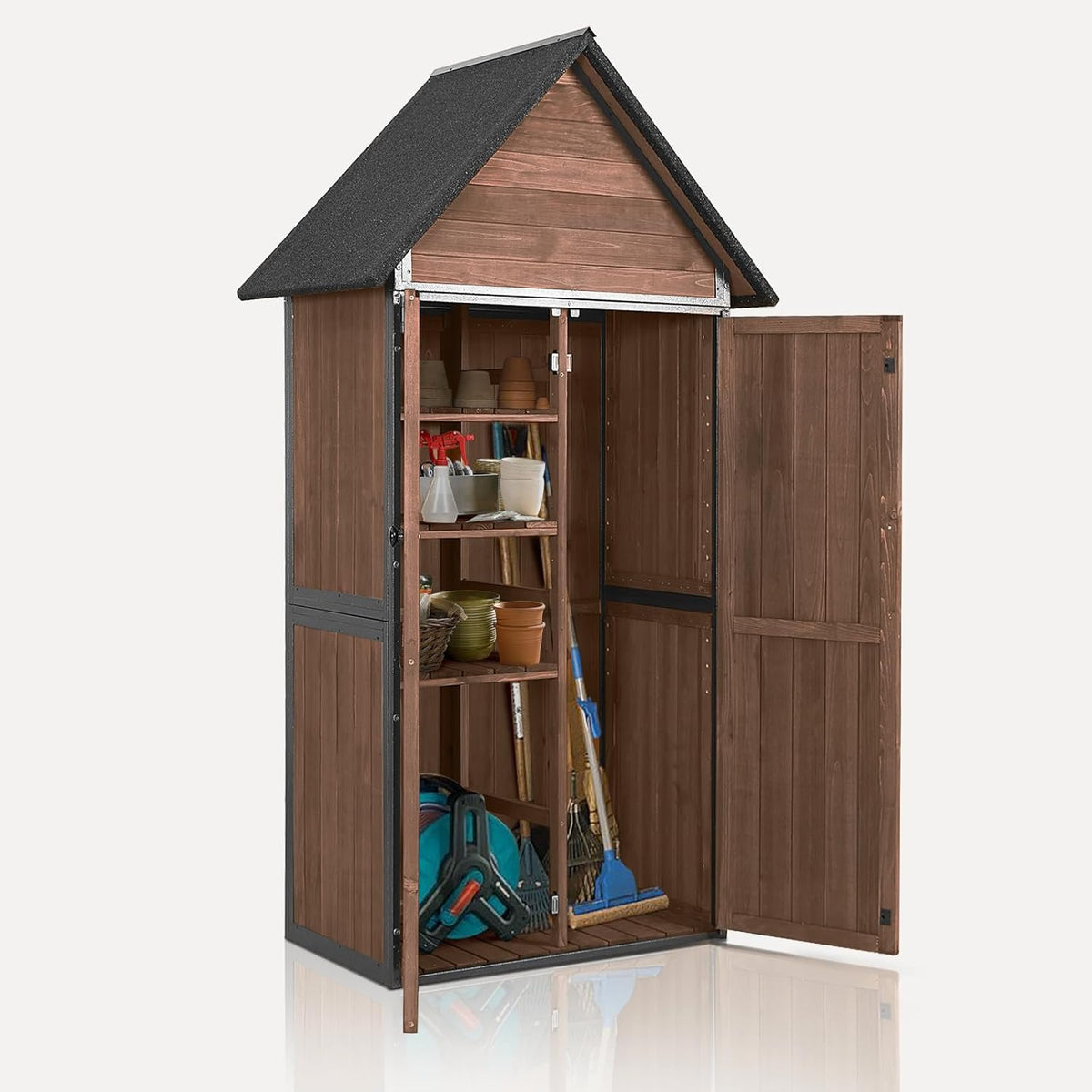 Outdoor Storage Shed with Floor and Waterproof Roof - Metal Framed Tool Cabinet with Adjustable Shelves - Double Lockable Doors for Backyard, Garden, Patio (Deep Brown)