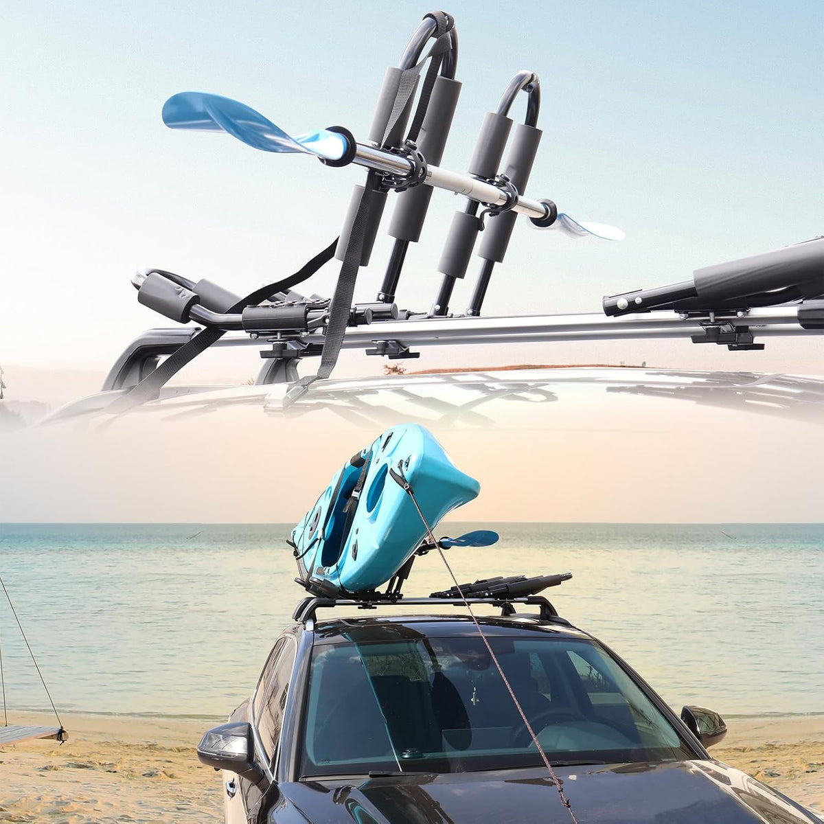 FORWODE Premium Kayak Roof Rack, 1 Pair J-Bar Roof Rack, Folding Adjustable Rack, Weight 80 LBS Heavy Duty Kayak Roof Carrier 1 Kayak, Canoe, SUV, Surfboard on SUV, Car and Truck Crossbar