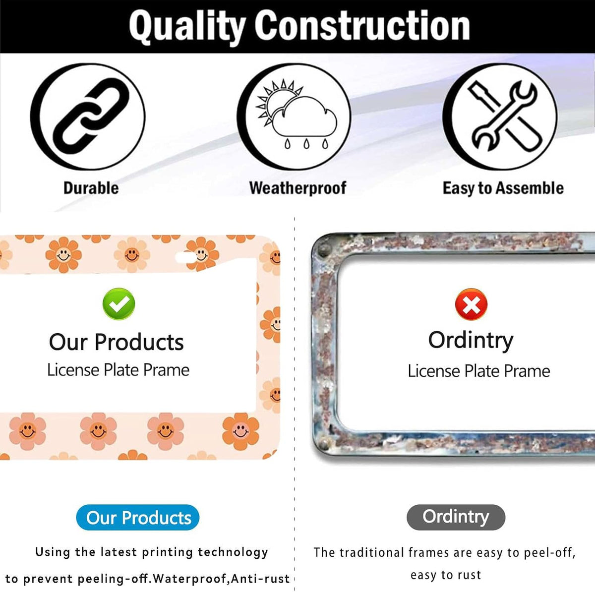 2 Pack Universal Smiley Face Flower License Plate Frame-Rustproof Aluminum Floral License Plate Frames for Women Men Fits All Vehicles, with Anti-Theft Screw Caps Included