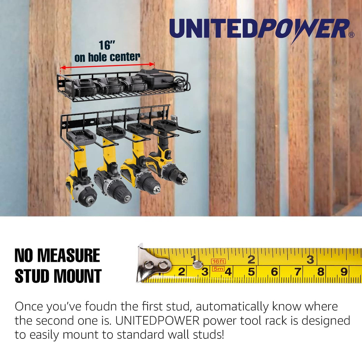 UNITEDPOWER Wall Mounted Power Tool Organizer Holder, Heavy Duty Utility Storage Rack for Battery Powered Hand Tools, Cordless Drill Rack, Workshop, Shed, Garage, Home