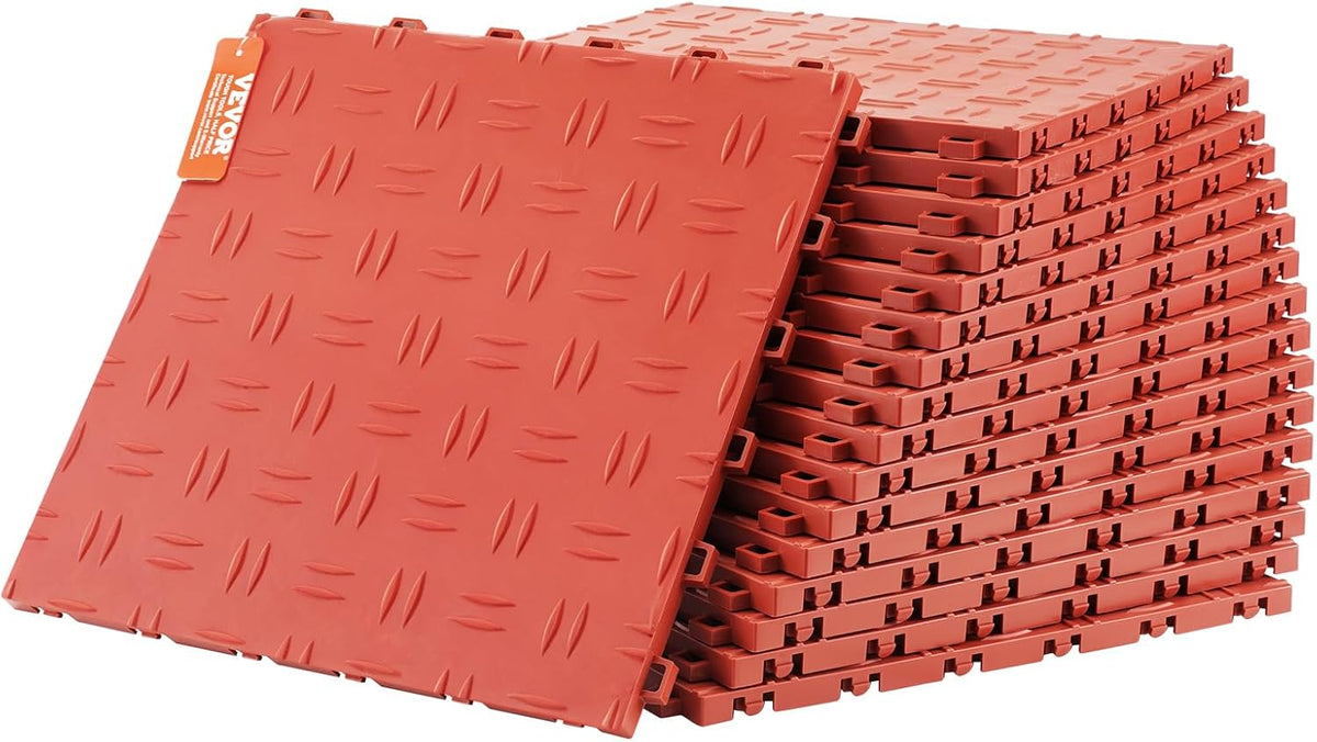 VEVOR Interlocking Garage Floor Covering Tiles, 50 Pack, 12 x 12 x 0.53 inch, Double-Sided Texture, Non-Slip, Red