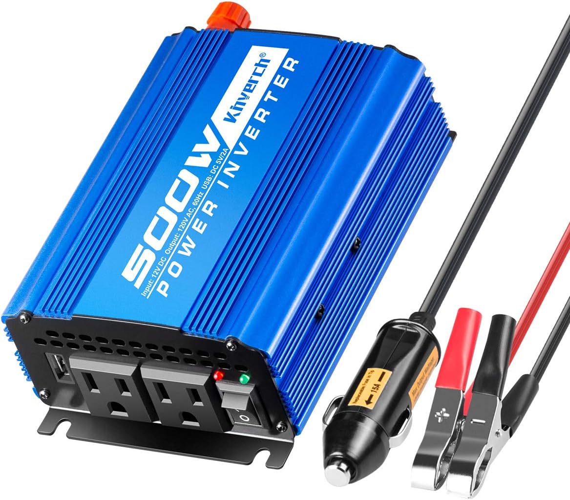 500W Car Power Inverter DC 12V to AC 110V Adapter with 2 AC Outlets and 2A USB Charging Port