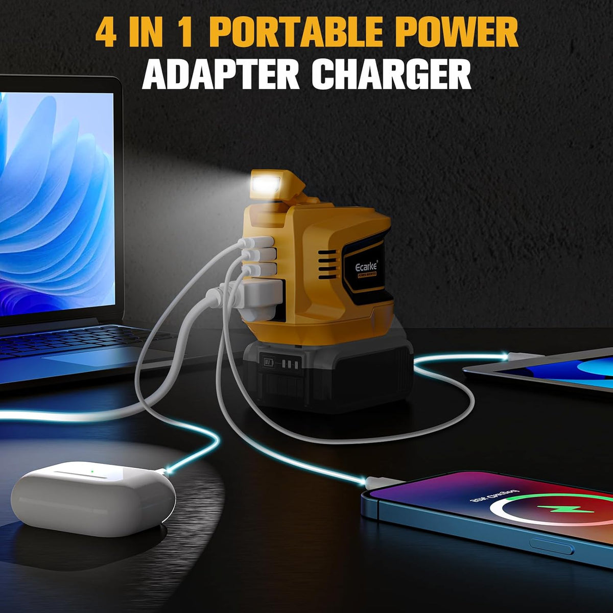 200W Portable Power Inverter Compatible with Dewalt 20V,Ecarke Outdoor Generato Battery Converter with 2 USB&LED&AC Battery Powered Outlet (2PC Compatible with DeWalt 20V)