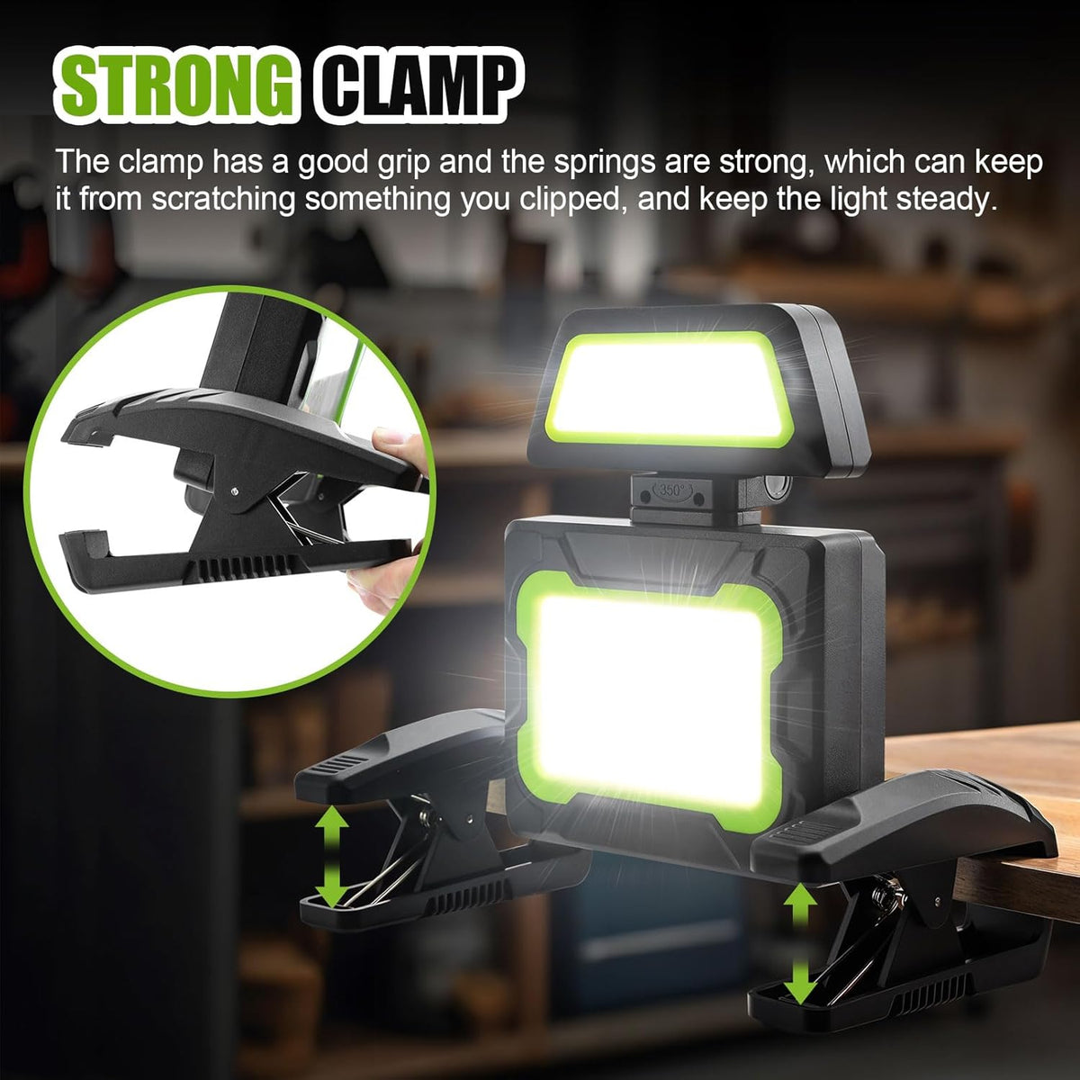 Rechargeable Work Light with Clamp, 3000 Lumen Magnetic Work Light Battery Powered with 5 Light Modes, 350° Rotation, Portable Job Site Lighting for Construction Site, Workshop, Car Repairing