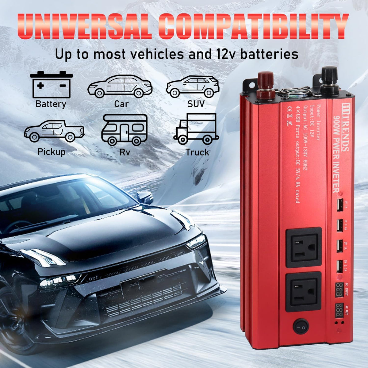 HITRENDS 900W Car Power Inverter 12V to 110V, DC to AC Converter with 4 USB Ports (24W Quick Charge) & 2 AC Outlets, for Camping, RV, Laptop, CE, FCC and ROHS Certified
