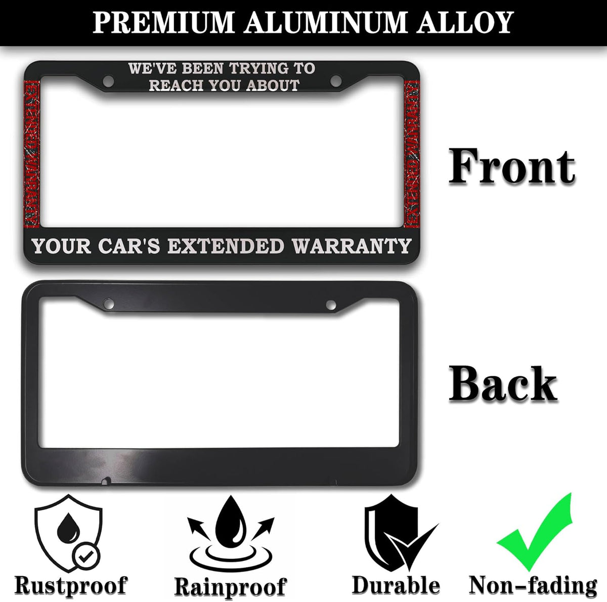 License Plate Frames Black and White License Plate Cover Car’s Extended Warranty Humorous Text Aluminum Metal Car Accessory 2 Pack with Screw Covers Set