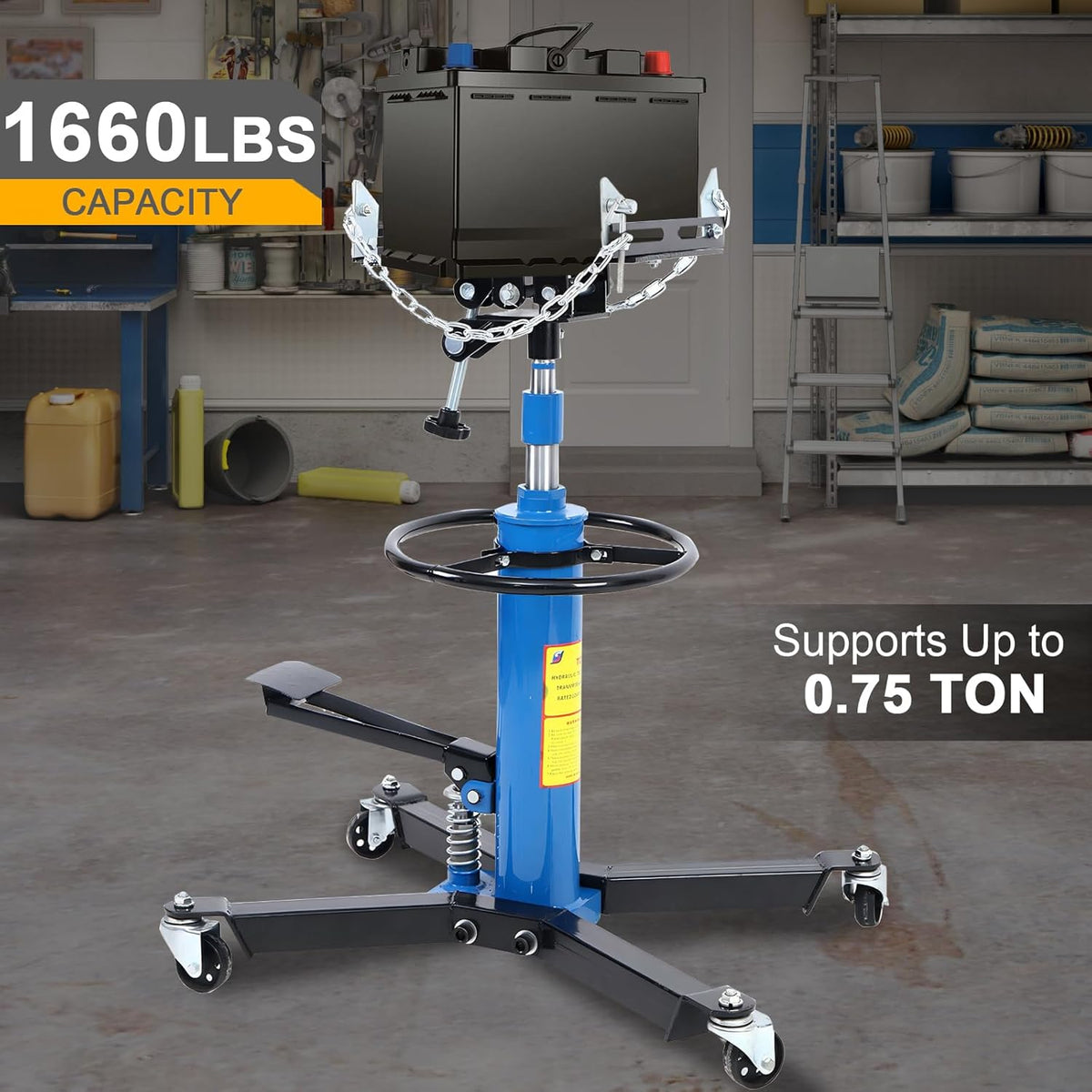 Transmission Jack 1660 lbs/ 0.75 Ton Capacity Hydraulic Telescopic Transmission Jack 34" - 68" Adjustable Height Telescoping Transmission Hydraulic with 360° Swivel Wheels Lift Hoist