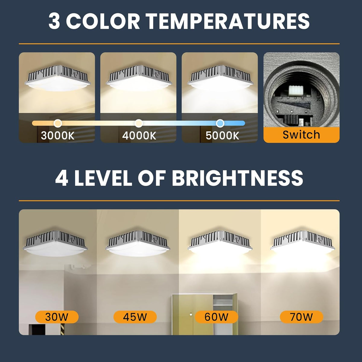 70W LED Canopy Lights 4Pack, 30/45/60/70W Selectable, 3CCT 3000/4000/5000K, Commercial LED Canopy Lights Outdoor for Gas Station Carport Garage Warehouse, IP65 Waterproof, 100-277V Dim, ETL Listed