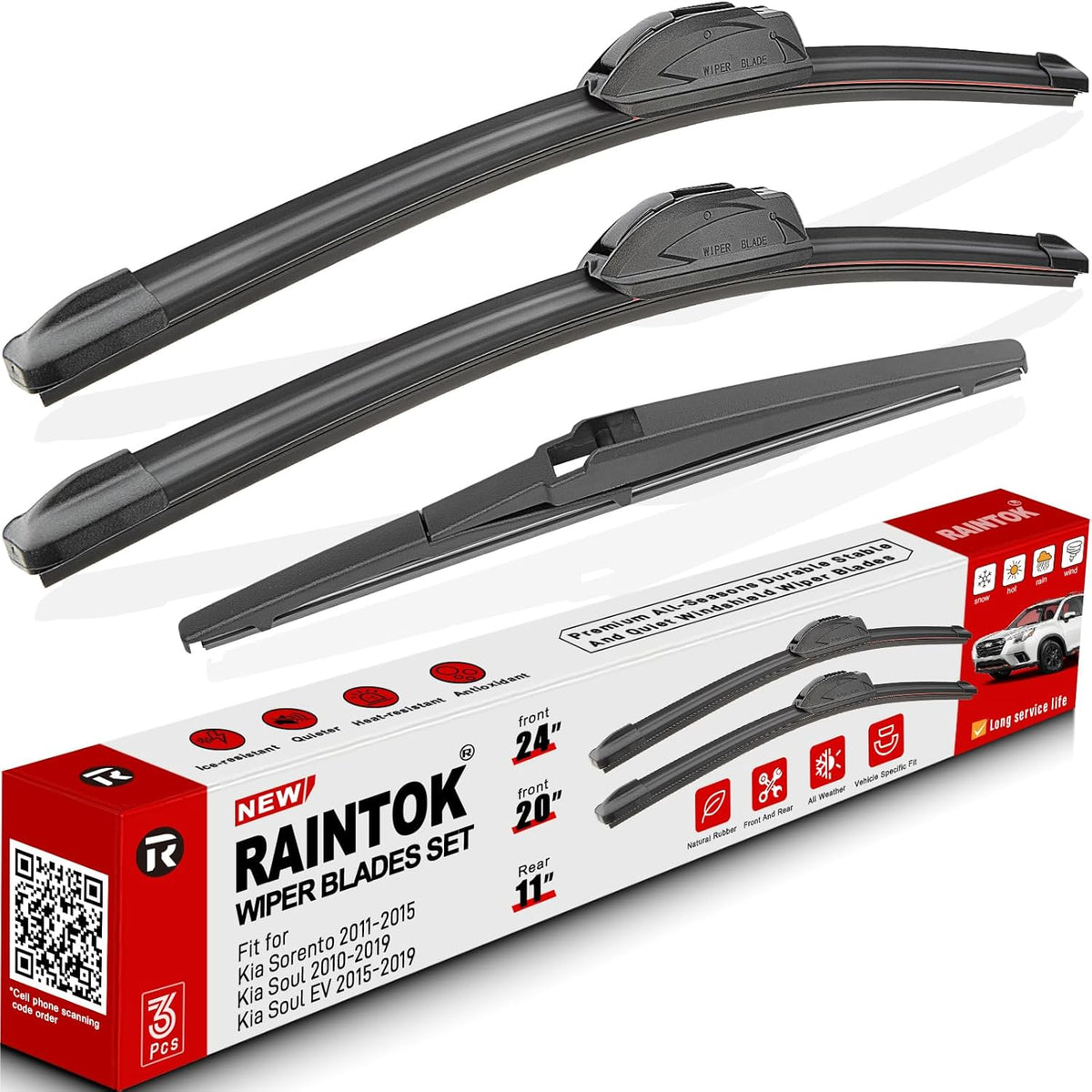 Windshield Wiper Blades Replacement for 2011-2015 Kia Sorento / 2010-2019 Kia Soul Original Factory Quality Front Rear Wipers Blade Set for My Car - 24" 20" 11" (Pack of 3)