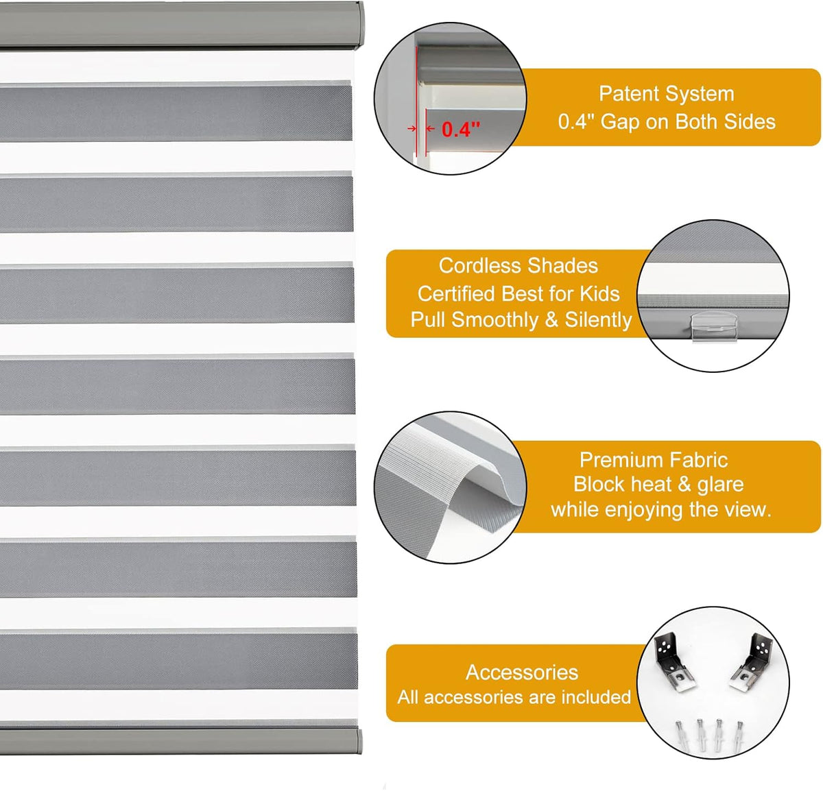Persilux Cordless Zebra Roller Window Shades Free-Stop Roller Blinds (46" W X 47" H, Grey) Light Control for Day and Night, Light Filtering Sheer Roller Shades for Windows, Easy to Install
