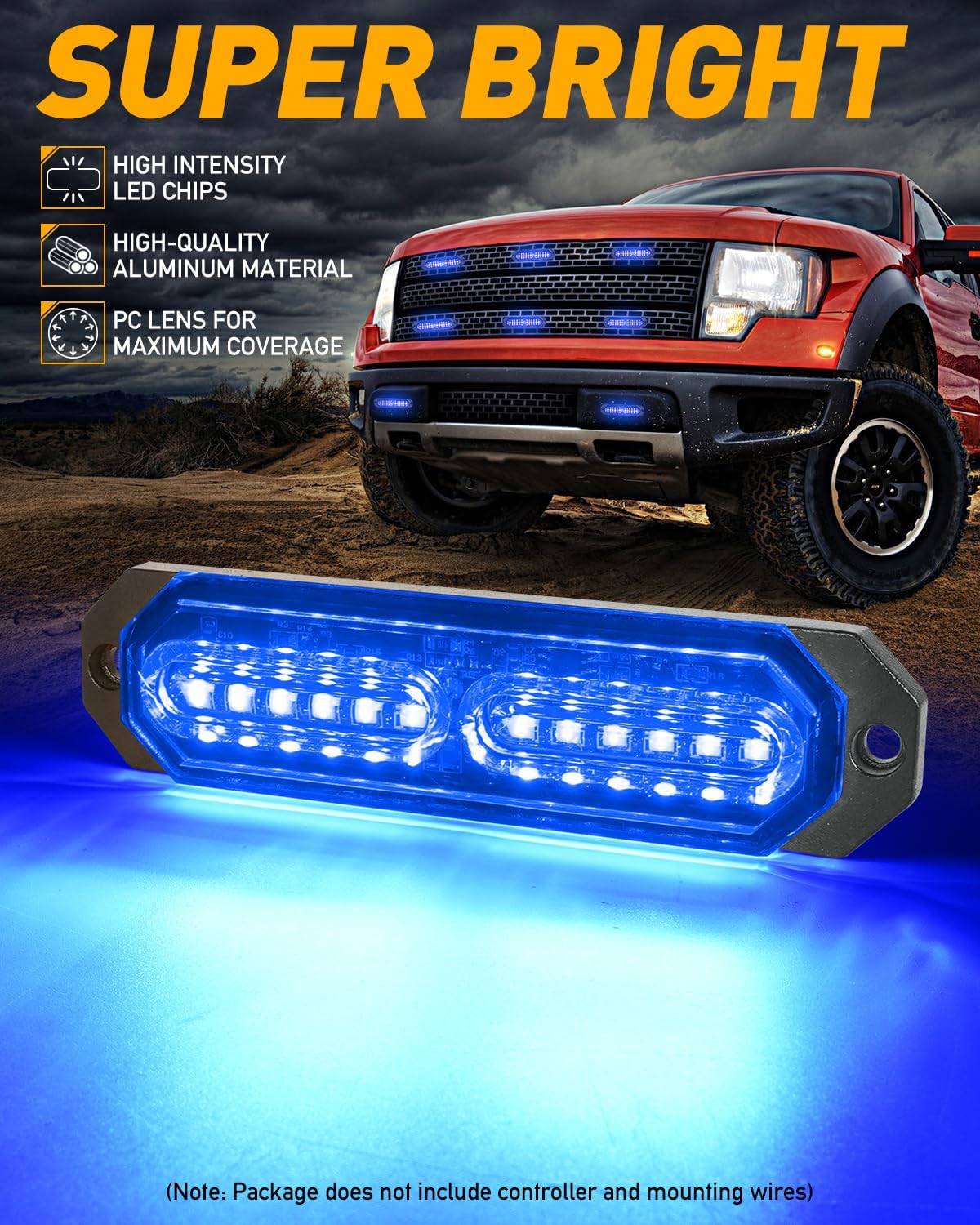 HLauto 1200T Emergency Strobe Grille Lights: 8pcs 12 LED Sync Feature Safety Warning Flashing Light, Ultra Slim Surface Mount Hazard Caution Lights for Trucks, Vehicles, Car, ATV, UTV (Blue)
