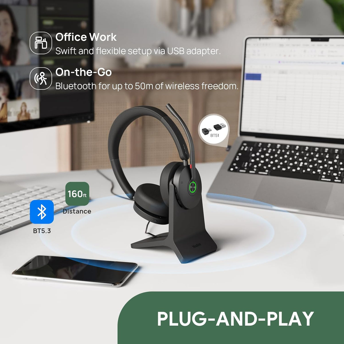 Yealink BH74 with Stand Active Noise Canceling Wireless Headset with Mic for Work, 6-mics Hybrid ANC Microsoft Teams Premium Open Ofﬁce Certified Headsets Bluetooth 5.3, up to 32h Talk, UC Compatible