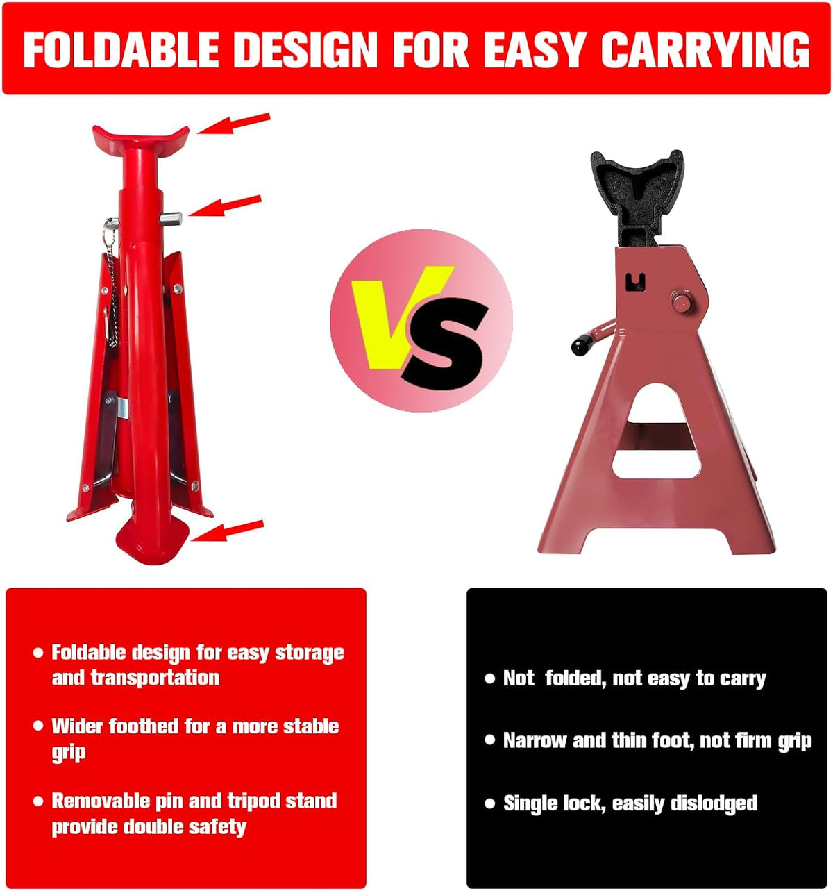 Foldable Jack Stands 3 Ton (6,600 LBs), 11.42"-16.06" Adjustable Height with Mobility Safety Pin,Car Jack Stand for Home&Garage, Workshops,Lifting SUV, Pickup Truck,UTV/ATV, Red, 1 Pair