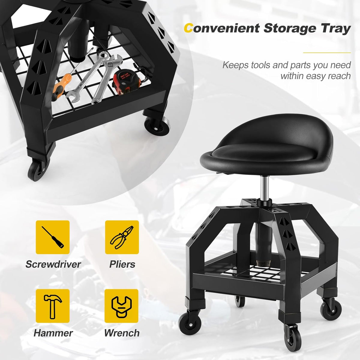 Goplus Rolling Garage Stool, 22.5”-27.5” Adjustable Mechanic Chair with Padded Seat, 330LBS Capacity, Tool Tray, Heavy Duty Creeper Seat, 360° Swivel Shop Stool for Workshop