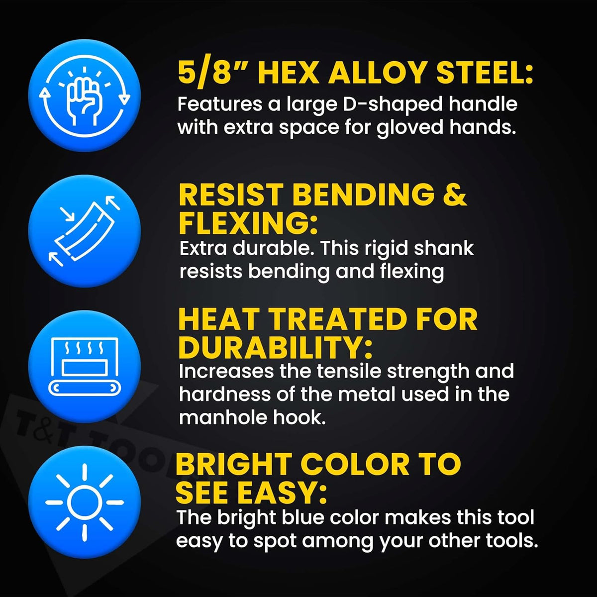 T&T Tools 36-Inch Manhole Hook - Heavy Duty Single Hook for Lifting Manhole Covers, Storm Drains, Septic Tank Risers - Rigid Hex Alloy Steel Tool for Lifting, Pulling, and Removing Covers - 6 Pack