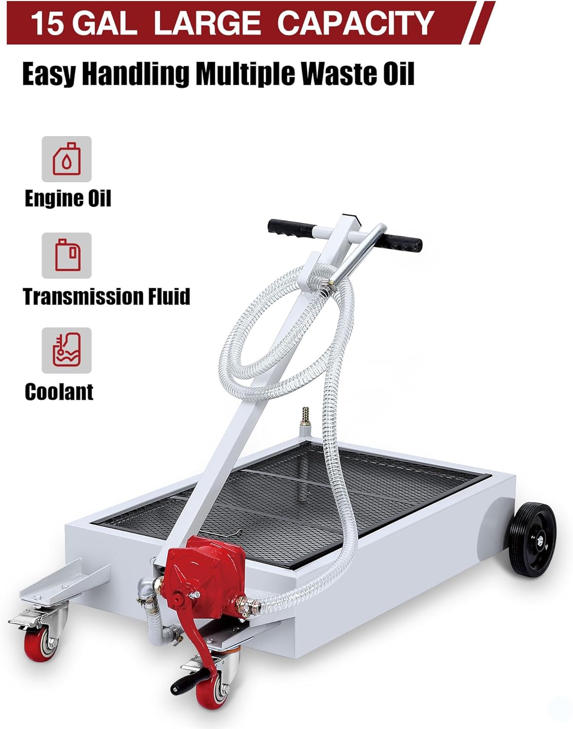 DEXSO 15 Gallon Oil Drain Pan with Hand Pump & 8 Ft Hose, 57L Low Profile & T Foldable Handle Oil Drain Cart for Truck Cars SUVs
