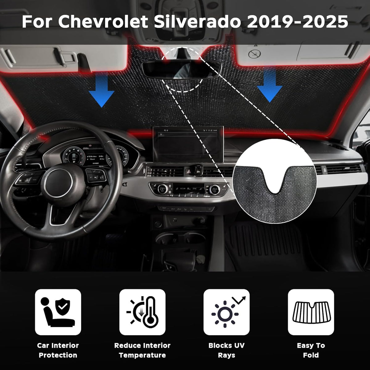 Windshield Sun Shade for Chevrolet Chevy Silverado 1500 2019-2025 Regular Cab, Crew Cab, Double Cab 2Dr 4Dr - 5-Layer Foldable Bubble Foldable Front Window Shade Sun Visor Accessories