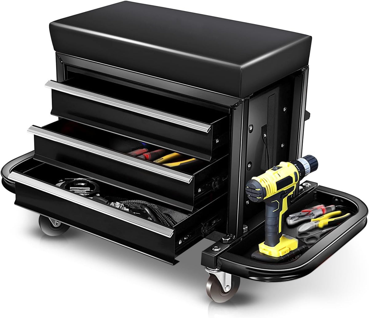 Auto Dynasty 3-Drawer Mechanic Rolling Seat, 350 LBS Capacity Roller Garage Shop Seat with Storage Tool Tray for Workshop, Repair Shop, Warehouse, Black