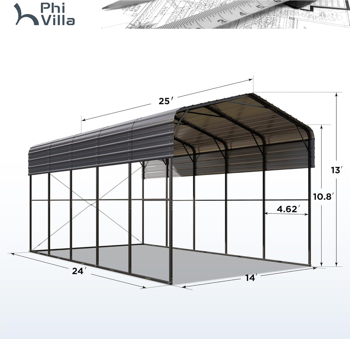 PHI VILLA 25 x 14 ft Heavy Duty Metal Carport with Galvanized Steel Roof for RVs, Cars, Boats, and Tractors