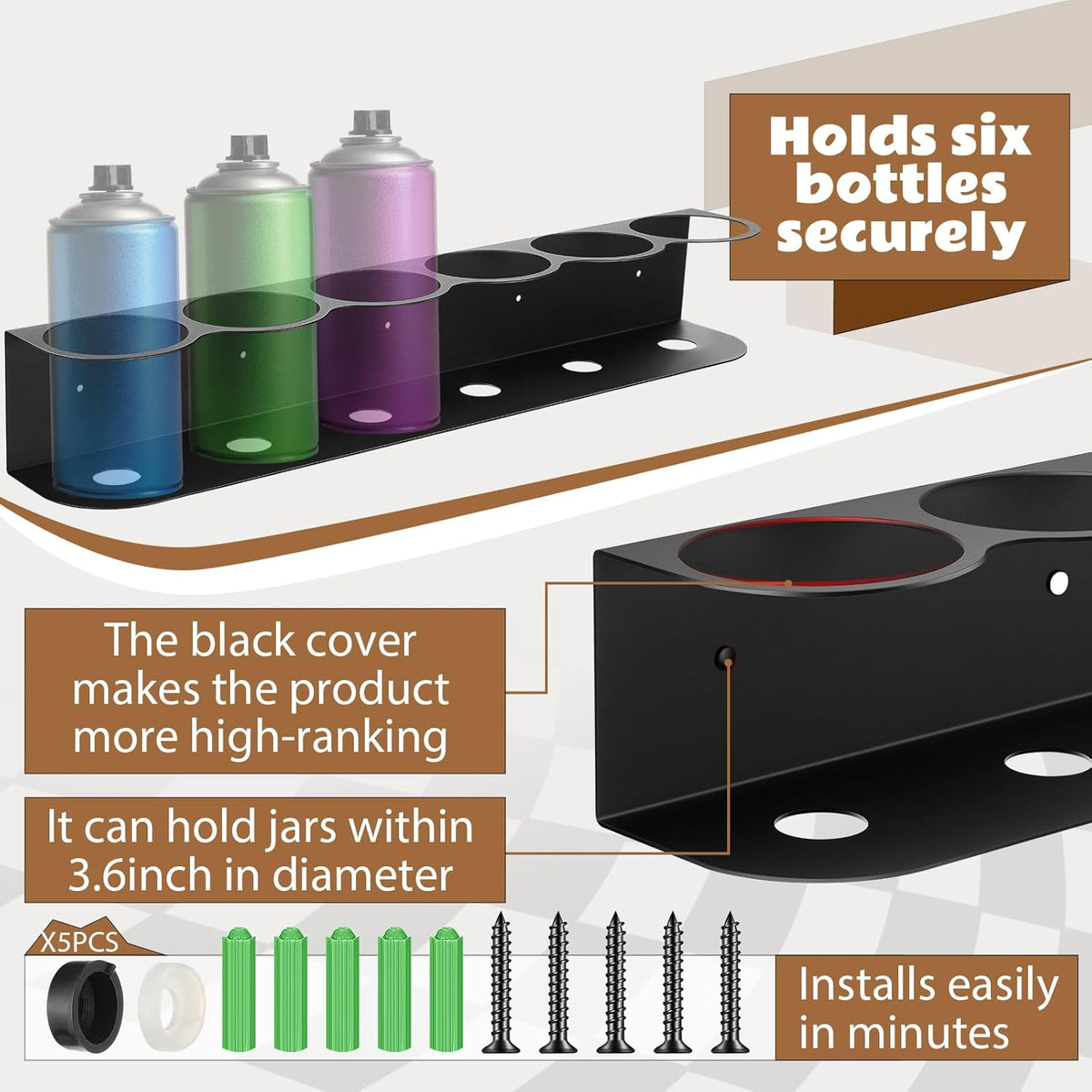 Therwen 2 Pcs 6 Holes All Purpose Steel Spray Bottle Holder Heavy Duty Can Holder Rack Organizer Easy Install Wall Mount Paint Spray Bottle Organizer Storage Rack for Garage Home Workspace(Black)