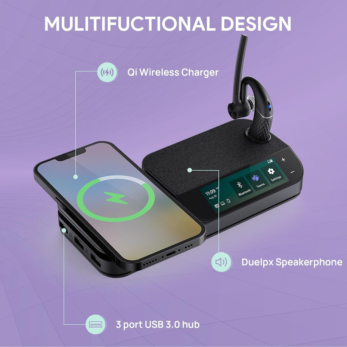 Yealink BH71 Workstation Pro Bluetooth Headset for Office Phone, Computer, Mobile, Work with Teams (Certified) Zoom, Charging Case, Wireless Charging Pad, Speakerphone, USB 3.0 Hub, 3-Inch Touchscreen