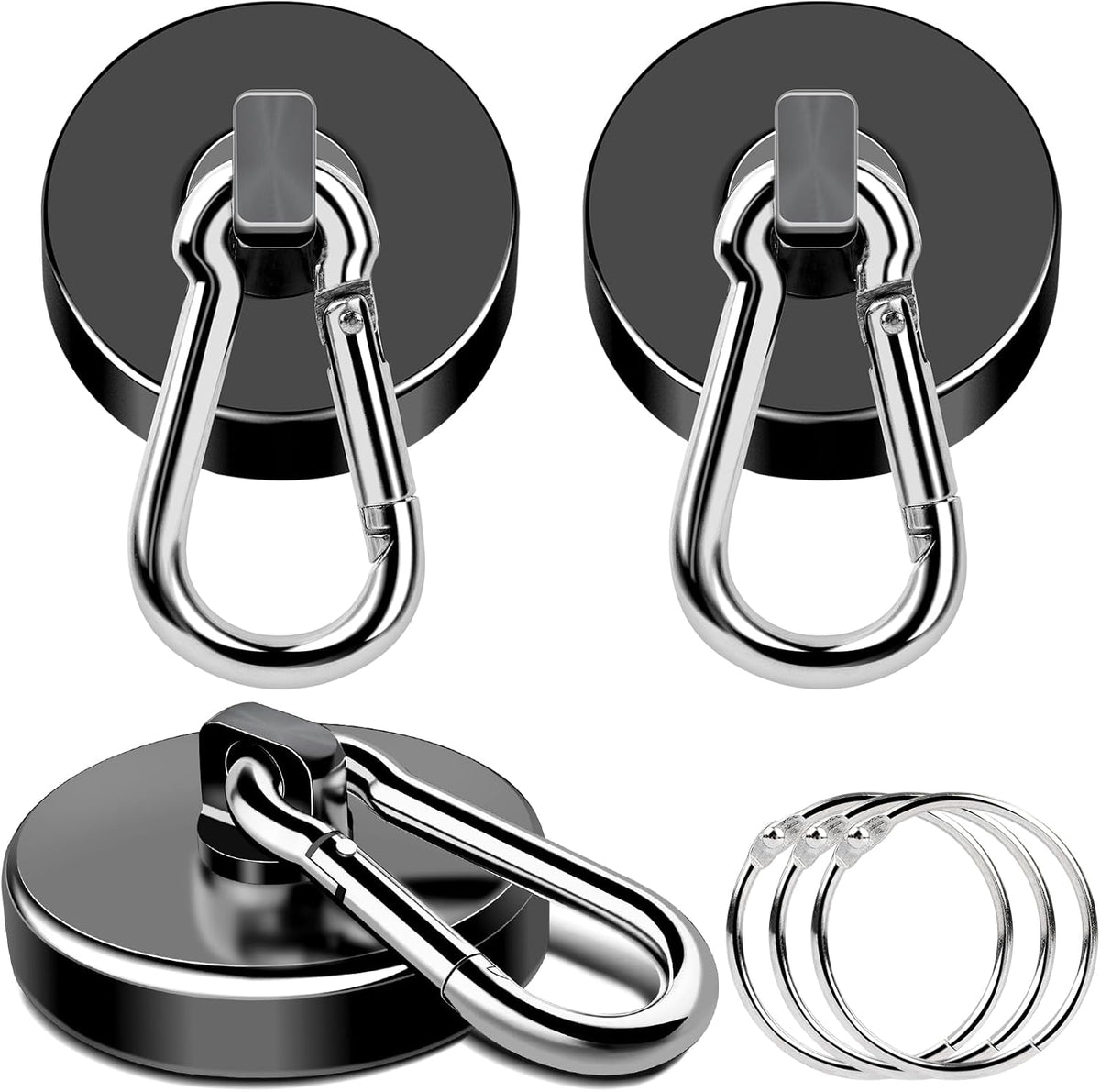 MIKEDE Magnetic Hooks, 150LB Neodymium Magnets Heavy Duty with Swivel Carabiner Hooks, Strong Rare Earth Magnetic Hook Hanger, Black Magnets with Hooks for Garage, Kitchen, Cruise Cabin - 3 Pack