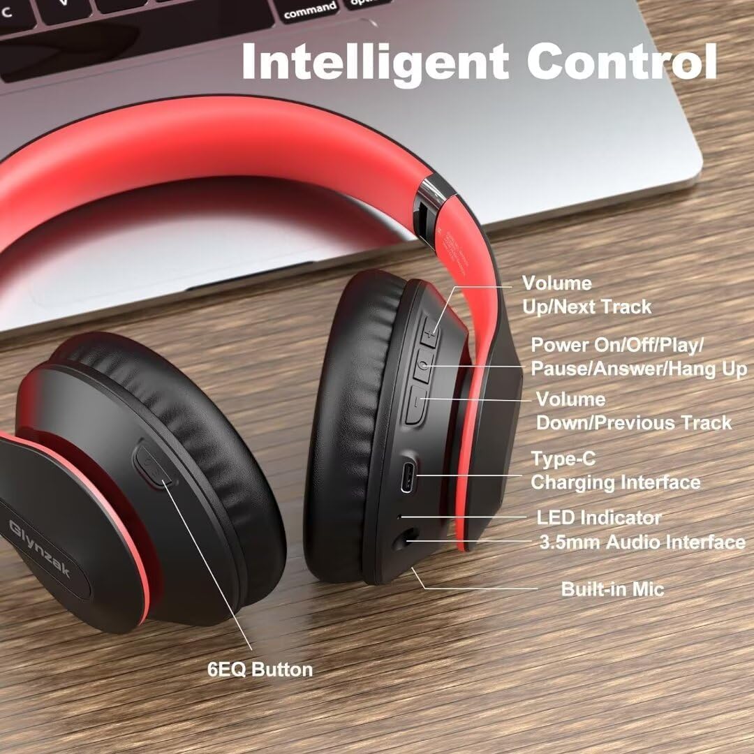 Wireless Bluetooth Headphones Over Ear 65H Playtime HiFi Stereo Headset with Microphone and 6EQ Modes Foldable Bluetooth V5.3 Headphones for Travel Smartphone Computer Laptop